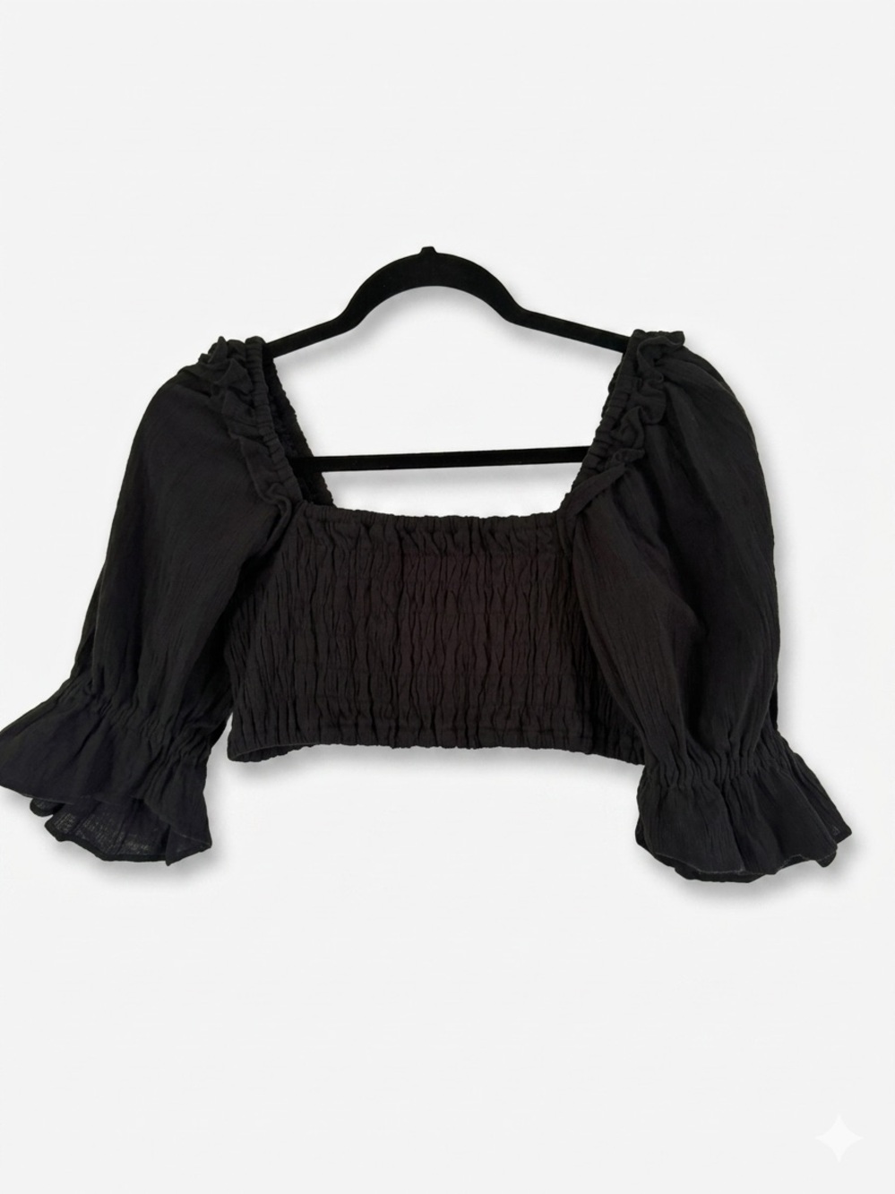 Free People Womens Small Black Smocked Crop Top Cotton Ruffle Sleeve Square Neck